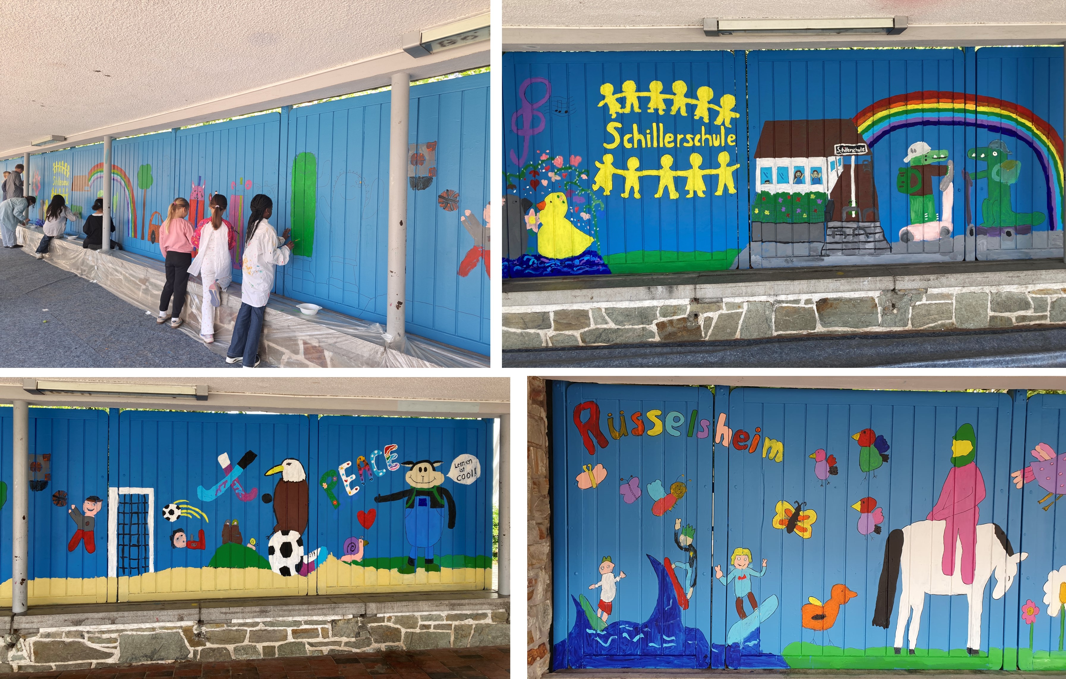 Die Kinder der Schillerschule gestalten die Wand ihres Schulhofes mit bunten Motiven