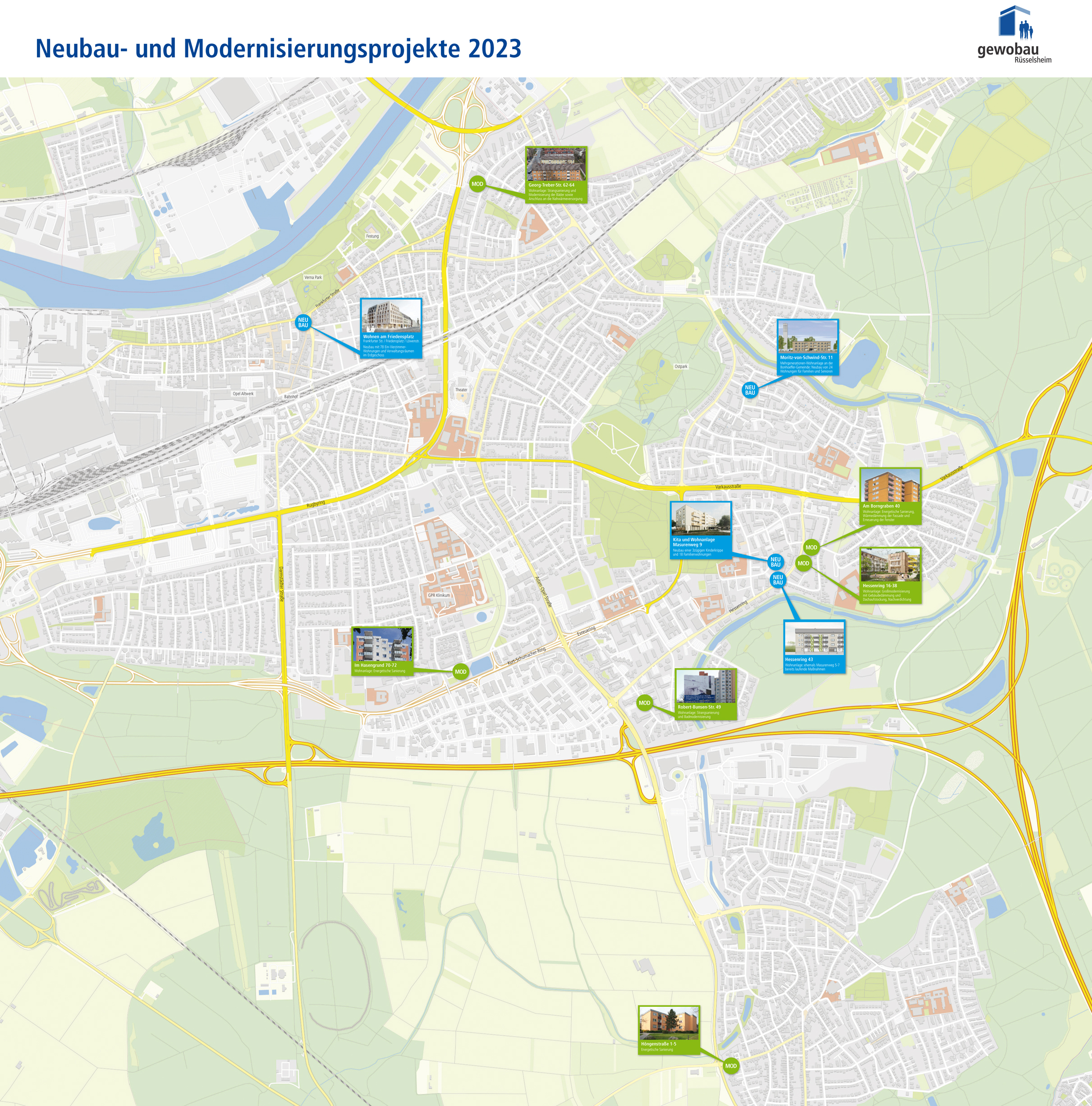 Stadtplan Rüsselsheim am Main mit gewobau Neubau- und Modernisierungsprojekten 2023