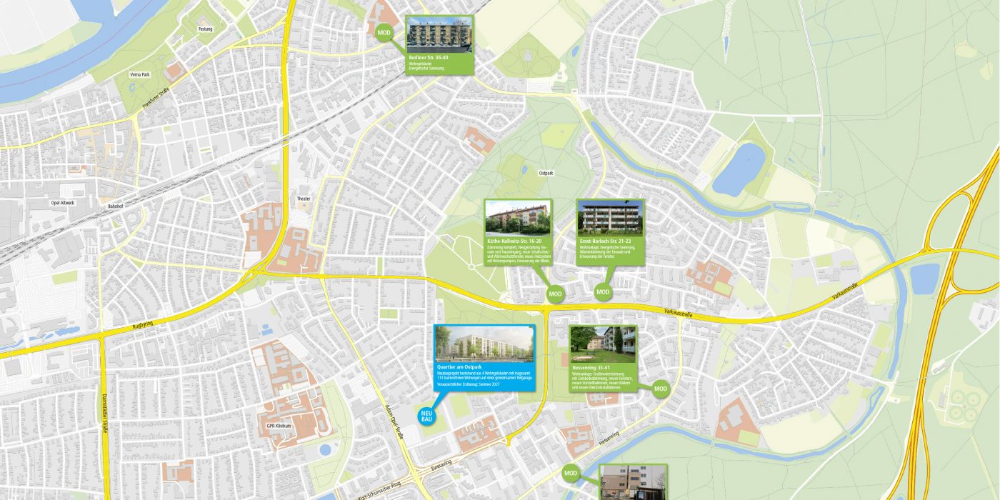 Stadtplan mit den Bauprojekten der gewobau