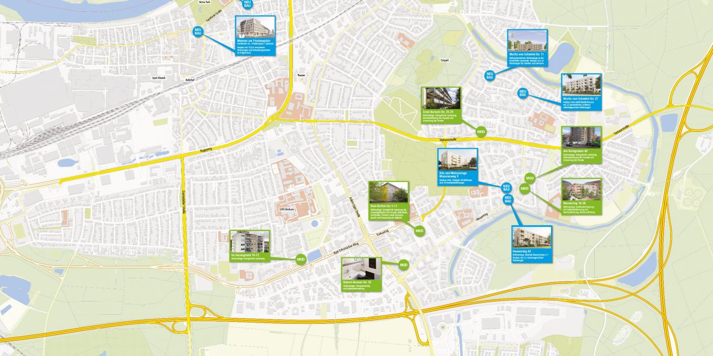 Stadtplan von Rüsselsheim mit den geplanten Modernisierungs- und Neubauvorhaben