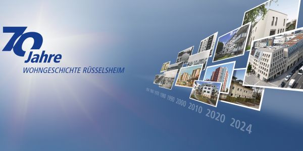 Bild zeigt 70 Jahre gewobau Wohngeschichte mit Bildern aus verschiedenen Jahren Firmengeschichte