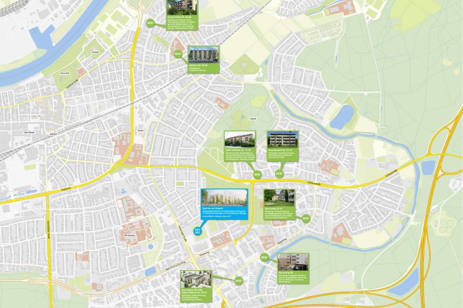 Stadtplan mit den Bauprojekten der gewobau