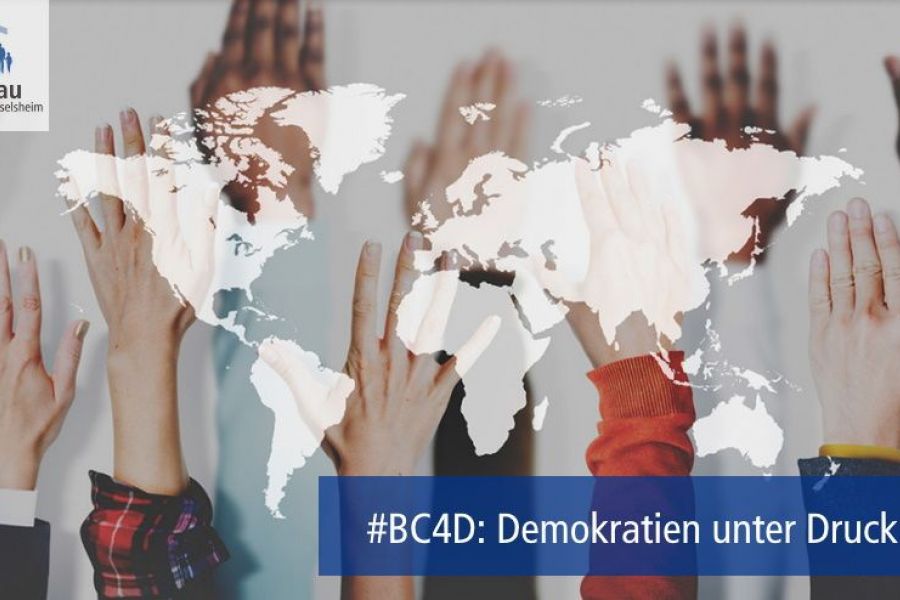 Das Bild zeigt erhobene Hände, die die Förderung und Stärkung des Demokratieverständnisses symbolisieren sollen
