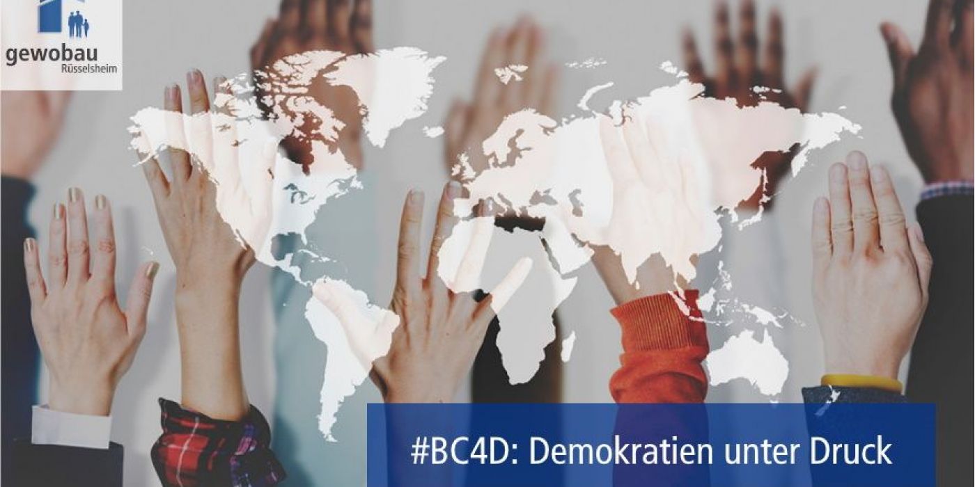 Das Bild zeigt erhobene Hände, die die Förderung und Stärkung des Demokratieverständnisses symbolisieren sollen