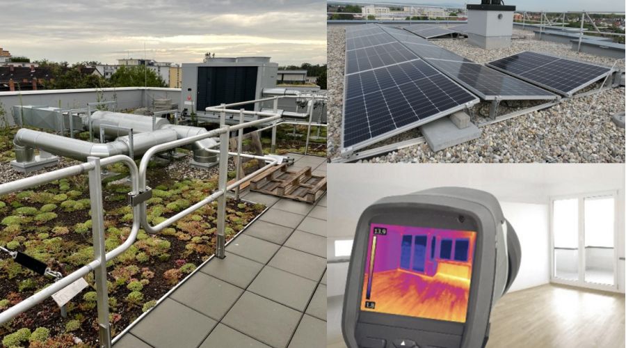 Bild mit Collage aus Heizanlage, Solananlage und Wärmebildkamera